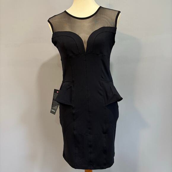 Y2K BEBE Black mesh peplum mini bodycon dress stretchy LBD NWT Size L